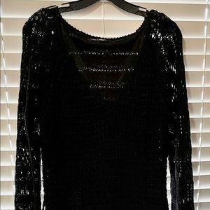 Black crochet-knit sweater dress with matching belt